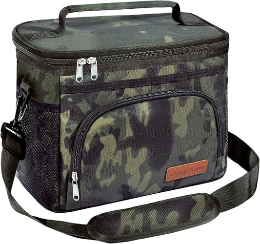 ExtraCharm Insulated Lunch Bag for Women/Men - Reusable Lunch Box for Office Picnic Hiking Beach - Leakproof Cooler Tote Bag Organizer with Adjustable Shoulder Strap for Adults-Black Camo