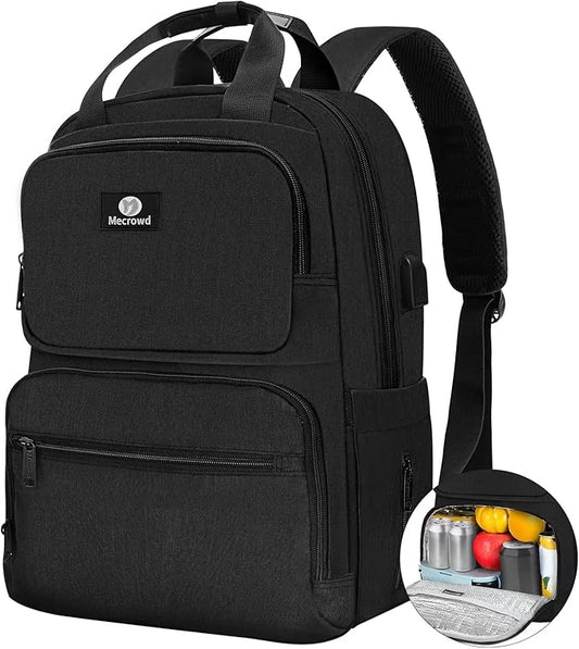 Lunch Backpack for Women Men, Insulated Cooler Lunch Box Backpack, 15.6-inch Laptop Backpacks with USB Port, Water Resistant Leak-proof Lunch Bag for College (Black)