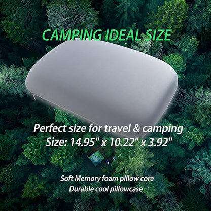 Camping Pillow Small Travel Pillow Memory Foam Bed Soft Neck Pillow Lightweight Easy to Carry Portable Cooling Home Pillow Removable Pillow Cover with Travel Storage Bag (Gray)