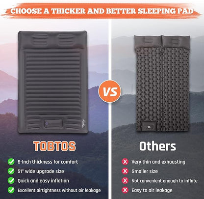 TOBTOS Double Sleeping Pad for Camping, Extra Thick 6" Camping Mattress 2 Person with Pillow Built-in Foot Pump, Inflatable Sleeping Mat for Camping, Backpacking, Hiking, Traveling