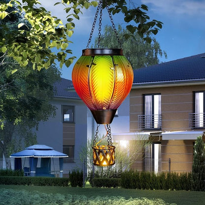Hot Air Balloon Solar Lantern with Candle Holder Glass Solar Hot Air Balloon Lantern with Flame Solar Hanging Hot Air Balloons Decor for Trees Patio Garden Yard Porch Decor, Multi-Color