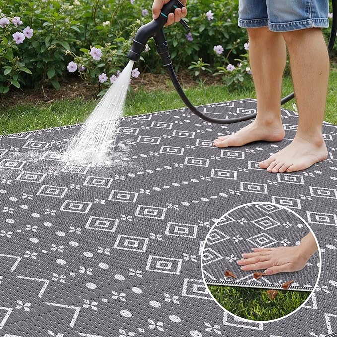 StepRite 6’ x 9’ Reversible Outdoor Rug, Waterproof Plastic Straw Rug, Patio Rug, Large Modern Area Rug Carpet, Indoor Outdoor Rugs for Camping, Porch, Deck, Balcony, Backyard, RV, Picnic(Grey)