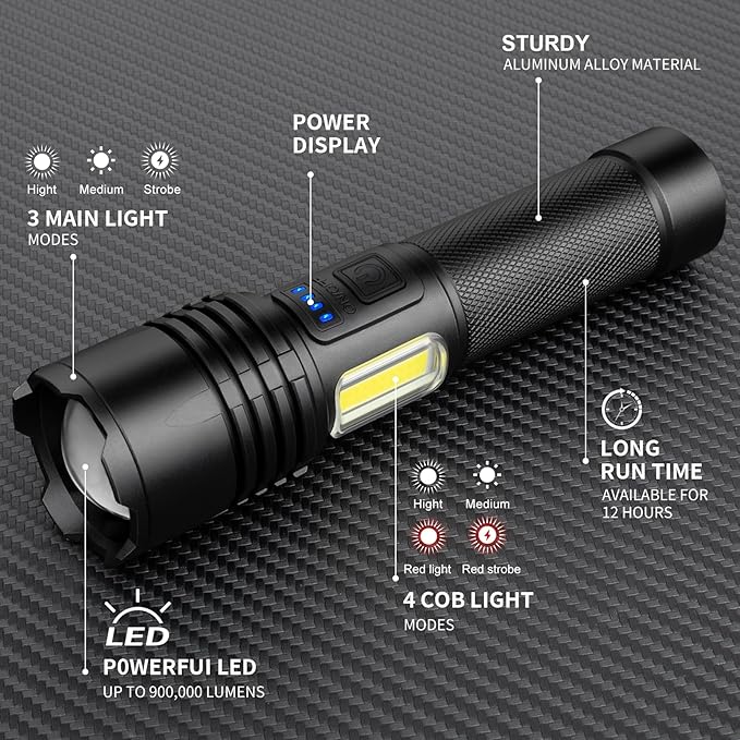 Rechargeable Flashlights High Lumens 2 Packs, 990000 Lumens Super Bright LED Flashlight with 7 Modes & Waterproof, Powerful Flash Light for Home Camping