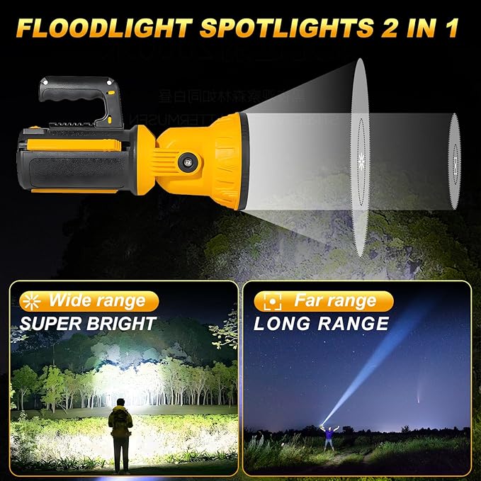 Handheld Spotlight Outdoor Flashlight with Foldable Tripod, 10000 Lumen LED Rechargeable Searchlight Spot Light, Impact Resistant Work Light with Detachable & Adjustable Handle (Large)
