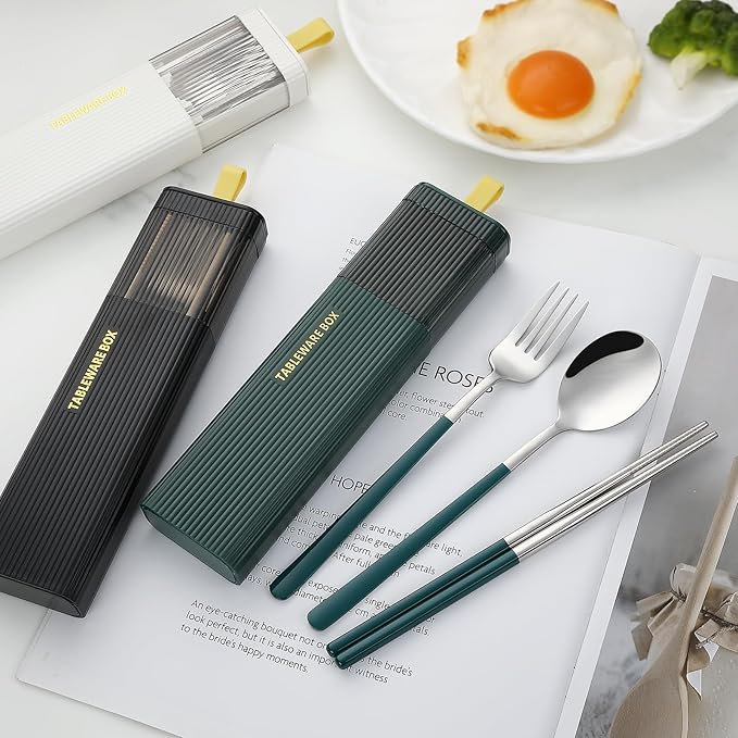 DEVICO Travel Utensils with Case, Stainless Steel Reusable Camping Silverware Set for Lunch Box, Portable Cutlery Kit Includes Fork, Spoon, Chopsticks (Dark Green)