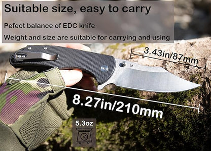 FD04 Folding Pocket Knife, D2 Steel Blade G10 Handle and Button Lock EDC Pocket Cool Knife for Men and Women, Camping Hunting Hiking Fishing Knives Tools (Black Clip)