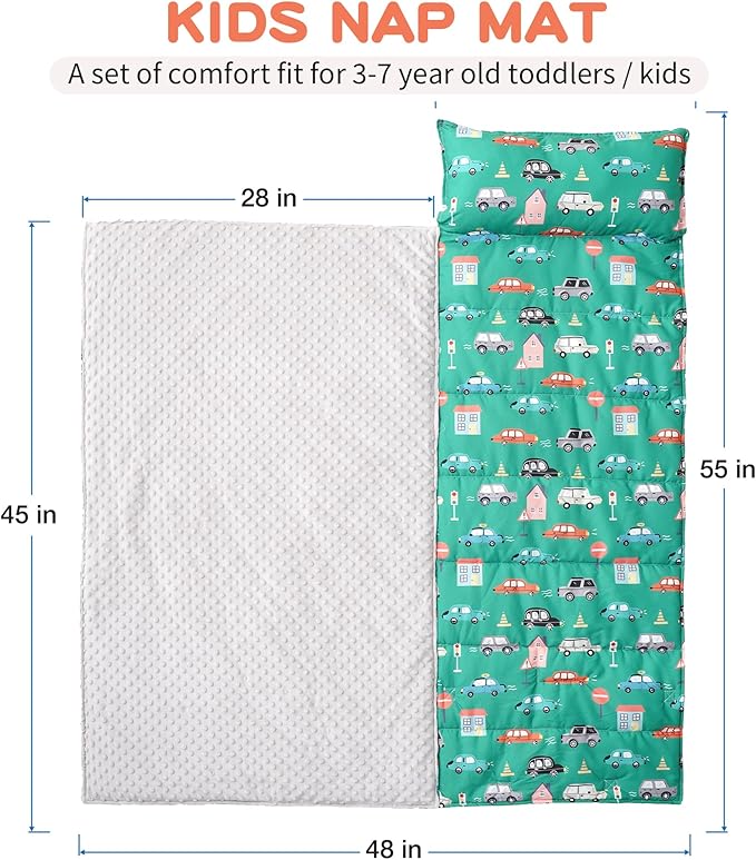 Bunnikins & Clover Toddler Nap Mat with Removable Pillow, Nap Mats for Preschool, Easy Clean Toddler Nap Pad for Kindergarten, Kids Sleeping Bag for Travel Camping