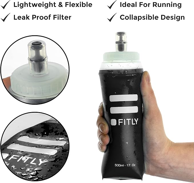 Large Soft Flask - 17 oz (500 ml) - Shrink As You Drink Pocket Soft Water Bottle for Hydration Pack/Running Vest- Folding Water Bottle for Running, Hiking, Cycling - Ski Water Bottles (F5L)