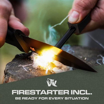 WOLF-III Full Tang Survival Knife with Fire Starter and Sheath - Stylish Tactical Fixed Blade Knife - Made of D2 Steel - Bushcraft and Camping Knife - With Belt Loop, Plug Lock & Multi Lok