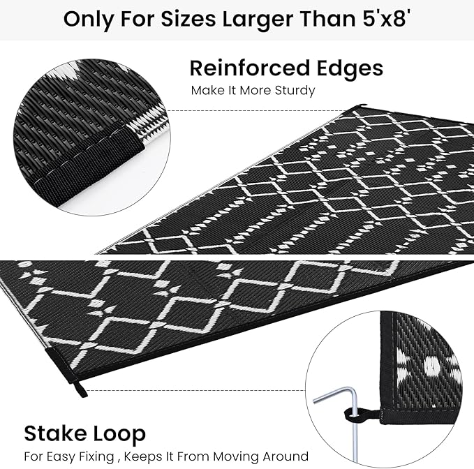 Smiry Outdoor Rug 8x10 ft, Waterproof Reversible Plastic Straw Rugs, Boho Outdoor Area Rug, Outside Floor Mat for Patio, Backyard, Deck, Picnic, Beach, Camping, Black