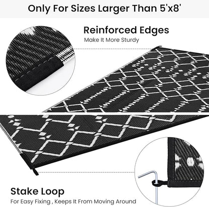 Smiry Outdoor Rug 6x9 ft, Waterproof Reversible Plastic Straw Rugs, Boho Outdoor Area Rug, Outside Floor Mat for Patio, Backyard, Deck, Picnic, Beach, Camping, Black