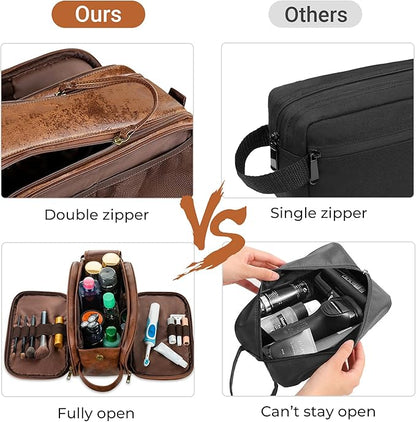 Elviros Toiletry Bag for Men, Large Travel Shaving Dopp Kit Water-resistant Bathroom Toiletries Organizer PU Leather Cosmetic Bags (Medium, Dark Brown)