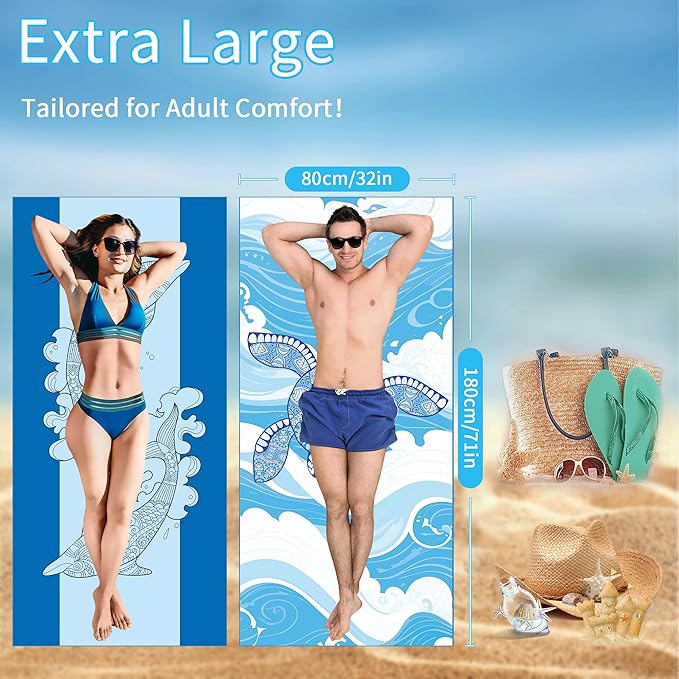FISHEAL Lightweight Quick Dry Beach Towel - 2 Pack 71"x32" Extra Large Microfiber Sand Free Absorbent Thin Blanket Towels Travel Camping Beach Essential for Men Women Vacation Gift