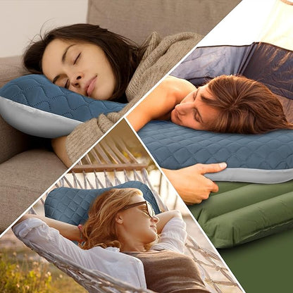 OUTSKIRT Inflatable Travel Pillow, 2-in-1 Camping Pillows for Sleeping, Ergonomic & Lightweight Small Backpacking Pillow for Travel, Hiking, Camping & Outdoor Activities, Blue