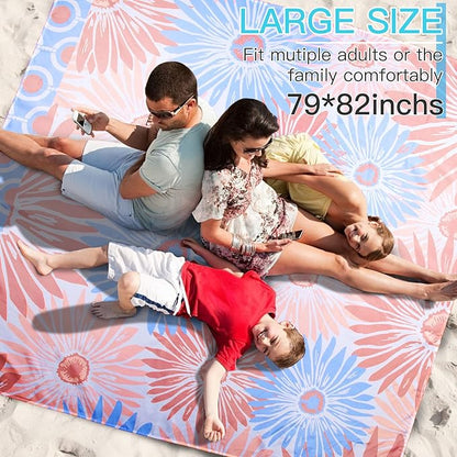 Airensky Beach Blanket, Sandproof Beach Mat 79" X 82" for 4-7 Adults, Large Waterproof Beach Blanket Lightweight Outdoor Blanket with 4 Stakes Beach Essential for Camping Travel Vacation(Pink Flowers)
