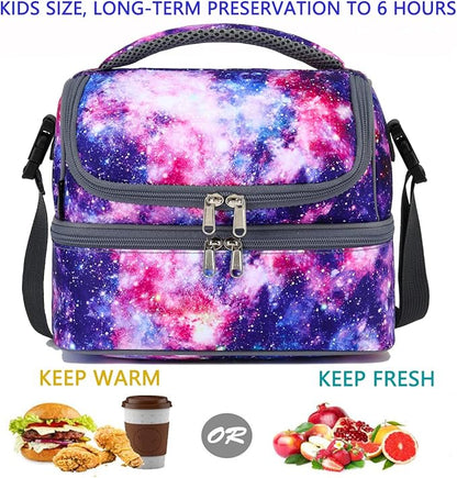 FlowFly Double Decker Cooler Insulated Lunch Bag Large Tote for Boys, Girls, Men, Women, With Adjustable Strap,Galaxy