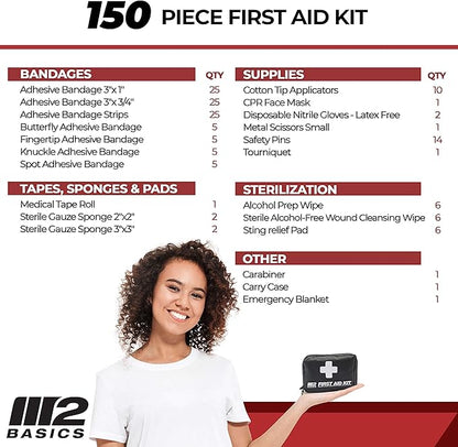 M2 BASICS All-Purpose 150 Piece First Aid Kit | Car, Travel, Home, Hiking, Camping, Survival | Small Emergency Kit, Medical Kit