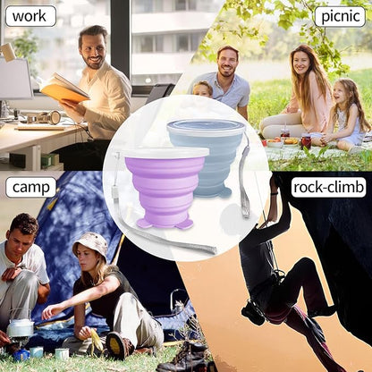 2 Pcs Collapsible Cup, Silicone Collapsible Travel Cup, Expandable Folding Camping Drinking Cup with Lids Reusable Small Portable Mugs Cup for Travel, Camping, Hiking,Outdoor Sports (Purple&Blue)