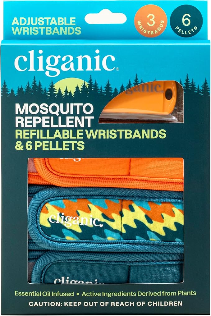 Cliganic Mosquito Repellent Pack (3 Wristbands + 6 Refill Pellets) - Adjustable, Natural DEET-Free, Essential Oil Infused