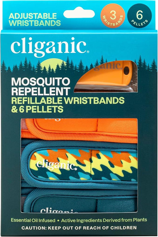 Cliganic Mosquito Repellent Pack (3 Wristbands + 6 Refill Pellets) - Adjustable, Natural DEET-Free, Essential Oil Infused