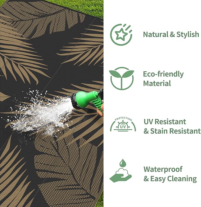 GENIMO Outdoor Rug 10' x 20' Waterproof for Patios Clearance, Reversible Outdoor Plastic Straw Camping Rug Carpet, Large Area Rugs Mats for RV, Camper, Deck, Balcony, Porch, Beach, Picnic, Black&Brown