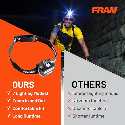 FRAM FAC40008 Headlamp Flashlight with White & Red Light, Comfortable Headband, Survival Gear, Waterproof lamp.