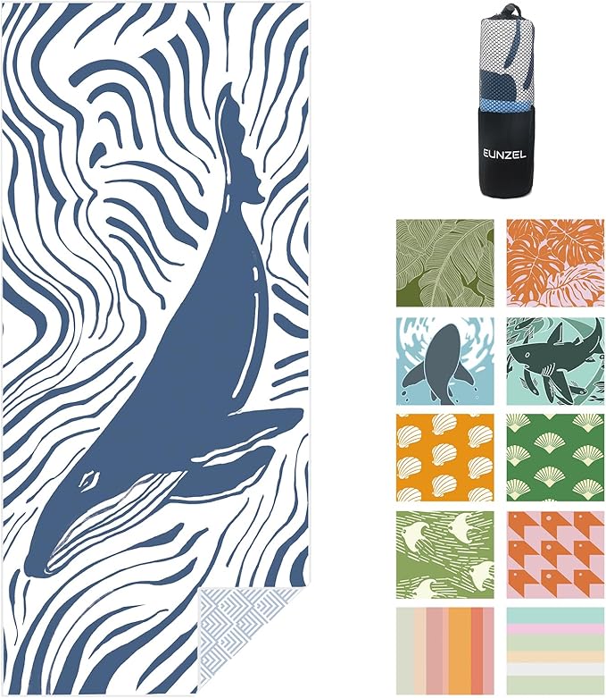 Eunzel Microfiber Beach Towel, Quick Dry Travel Towel Large Sand Free Towel for Beach, Camping, Swim Pool, Gym, Sports& Yoga 71"x32", Whale Blue