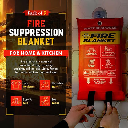 Mart Cobra Emergency Fire Blanket for Home and Kitchen - 5 Pack - Fire Blankets Emergency for Home 40” x 40” - Fire Suppression Blanket - Home Safety Fiberglass Welding Blanket