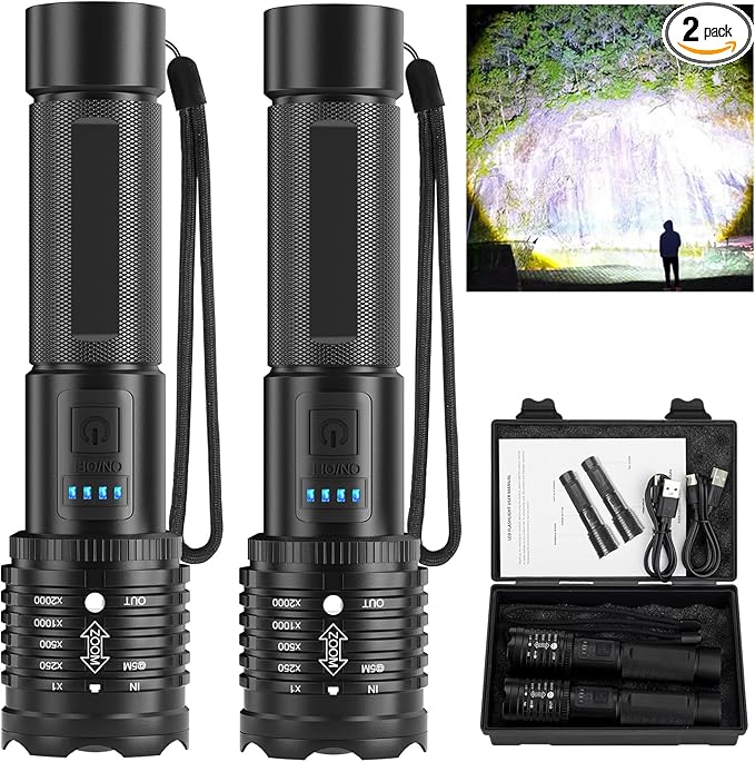 Rechargeable LED Flashlights High Lumen: 990,000 Lumens Super Bright Tactical Flashlight with 3 Modes & IPX7 Waterproof, Handheld Powerful Flash Light for Home Camping(2 Packs)