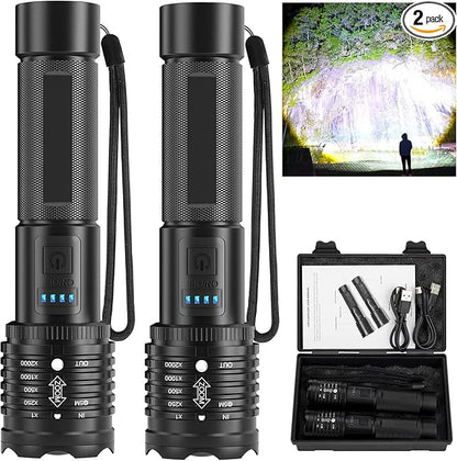 Rechargeable LED Flashlights High Lumen: 990,000 Lumens Super Bright Tactical Flashlight with 3 Modes & IPX7 Waterproof, Handheld Powerful Flash Light for Home Camping(2 Packs)
