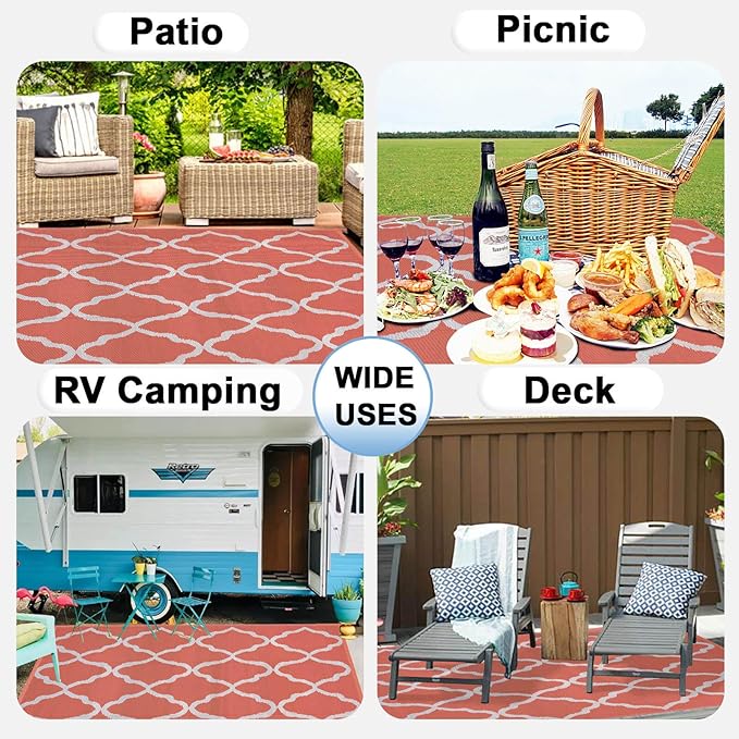 OutdoorLines Outdoor Plastic Area Rug for Patio 6x9 ft - Reversible Outside Carpet, Stain & UV Resistant RV Mats, Straw Rug for Camping, Deck Garden, Porch and Balcony, Moroccan/Orange & Light Grey