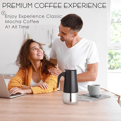 Mixpresso 6 Cup Greca Stovetop Espresso Maker 10oz, Moka Pot with Coffee Percolator Design, Stainless Steel Stove Top Coffee Maker for Camping or Home, Italian Coffee Maker Stovetop, Black Coffee Pot