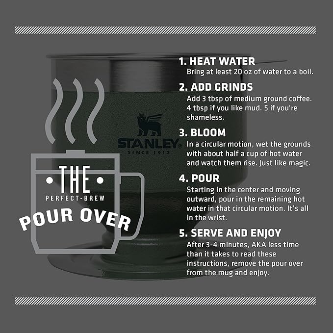 Stanley Perfect Brew Pour Over | Manual Single Cup Coffee Maker | Drip Coffee Maker with Reusable Filter | Easy Clean Stainless Steel | BPA-Free | Hammertone Green