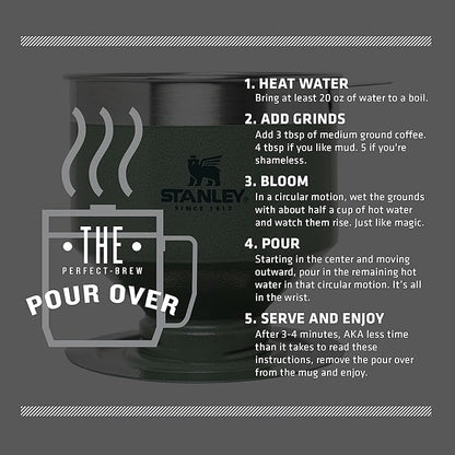 Stanley Perfect Brew Pour Over | Manual Single Cup Coffee Maker | Drip Coffee Maker with Reusable Filter | Easy Clean Stainless Steel | BPA-Free | Hammertone Green