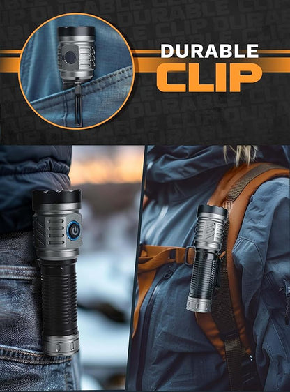 Rechargeable Flashlight - 1500 High Lumens, Powerful LED Flashlight with 4 Lighting Modes, Strobe, Handheld Tactical Flashlight with Clip for Emergencies, Camping, Hiking