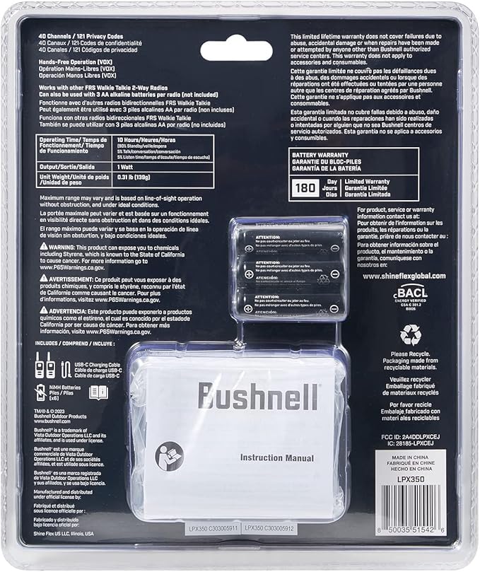 New Bushnell LPX350 Walkie Talkie Radio - Reliable Quality, Rugged Design, 1W Power for 25 Miles of Range, Two Way Radios Equipped for Wherever Life Takes You (2 Pack)