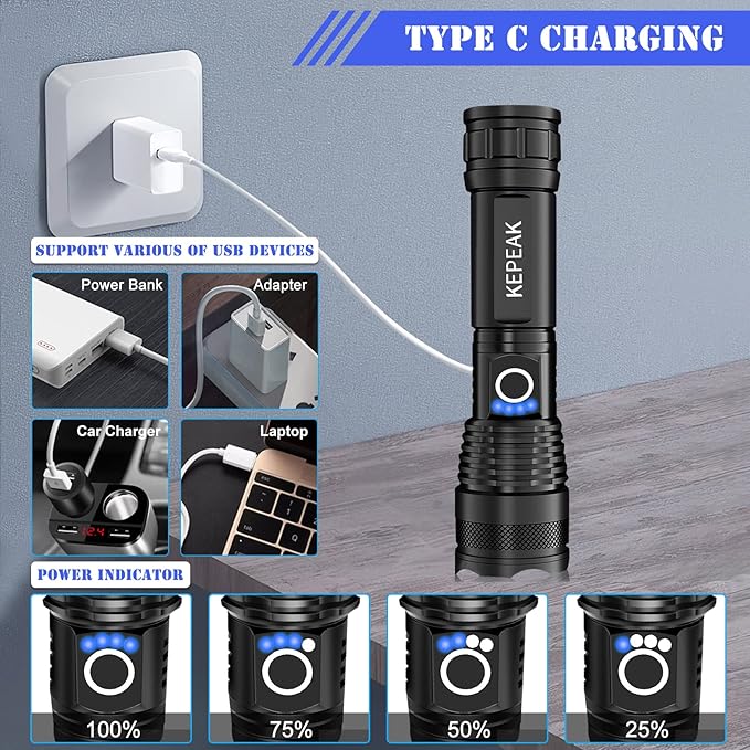 KEPEAK Rechargeable LED Flashlight High Lumens, Super Bright 10000 Lumens Tactical Handheld Flash Light, Water-Resistant, Zoomable, 5 Light Modes for Emergency, Camping