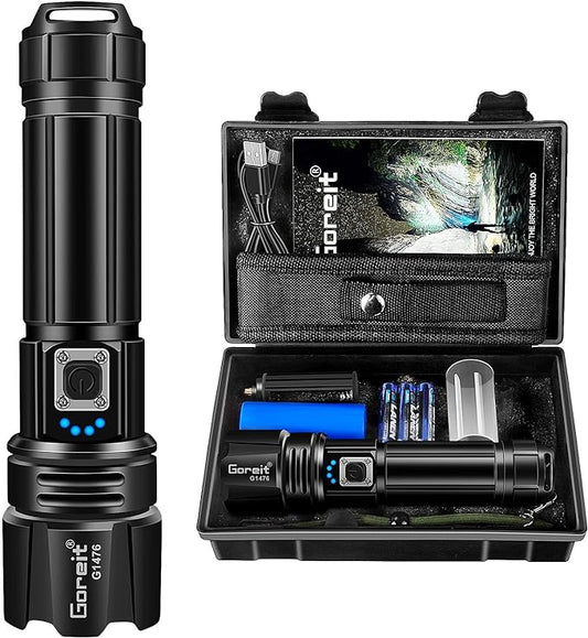 Goreit Flashlight High Lumens Rechargeable, 950000 Lumen Led Flashlights XHP70.2 USB Super Bright Flash Light Battery Powered, Powerful Handheld Flashlights for Emergencies Camping, IP67 Waterproof