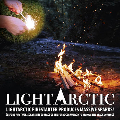 Ferro Rod Fire Starter Kit Survival Gear by LightArctic: 7-in-1 Flint and Steel Includes Compass, Whistle, 11 pcs Waxed Tinders with Waterproof Capsule - Tested in The Most Extreme Weather Conditions