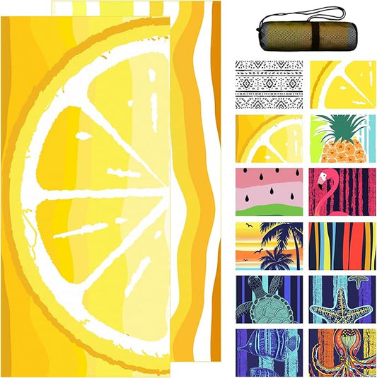 Bnuitland Lemon Pattern Beach Towel (35X75 inches), Oversized Quick Drying Absorbent Sand Free, Cute Towels for Travel Swimming Pool Picnic, 88% Polyester and 12% Polyamide,Yellow