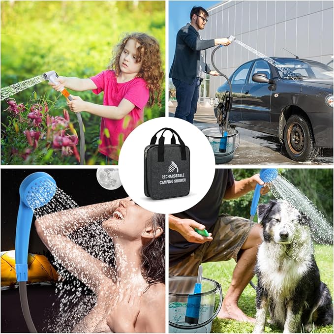 Portable Shower for Camping, Rechargeable Portable Camping Shower, Camp Shower with Double Portable Shower Head and 2 Flow Mode, Camping Shower for Hiking Beach Swimming Outdoor
