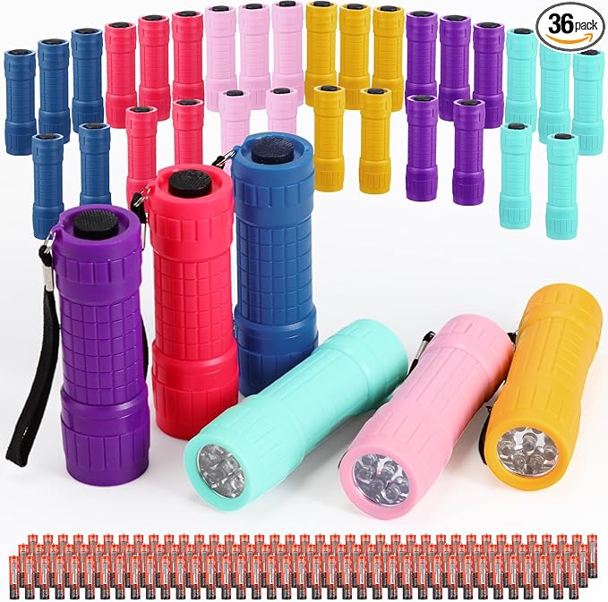 36 Pcs Small Mini Flashlights 9 LED Flashlight Assorted Colors with Lanyard Small Handheld Flashlights Bulk 3AAA Battery Included Plastic Flash Light for Kids Camping Class Teaching Party
