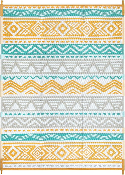 Lahome Waterproof Outdoor Rug 9x12, Reversible Outdoor Plastic Straw Rug for Patio, RV Camping Rugs Picnic Mat Outside, Large Outdoor Carpet for Beach Deck Backyard(Blue/Yellow,9'x 12')