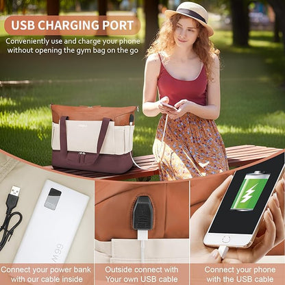 ETRONIK Gym Bag for Women, Travel Duffel Bag with USB Charging Port, Weekender Overnight Bag with Wet Pocket and Shoes Compartment for Women, Travel, Gym, Yoga (Brown/Khaki/Orange)