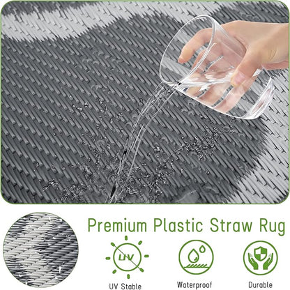 Easy-Going Reversible Outdoor Rugs 9x12ft Waterproof Plastic Straw Rug Stain & UV Resistant Floor Mat for Patio Porch RV Backyard Pool Deck Picnic Beach Trailer Camping (Moroccan Grey & Light Grey)