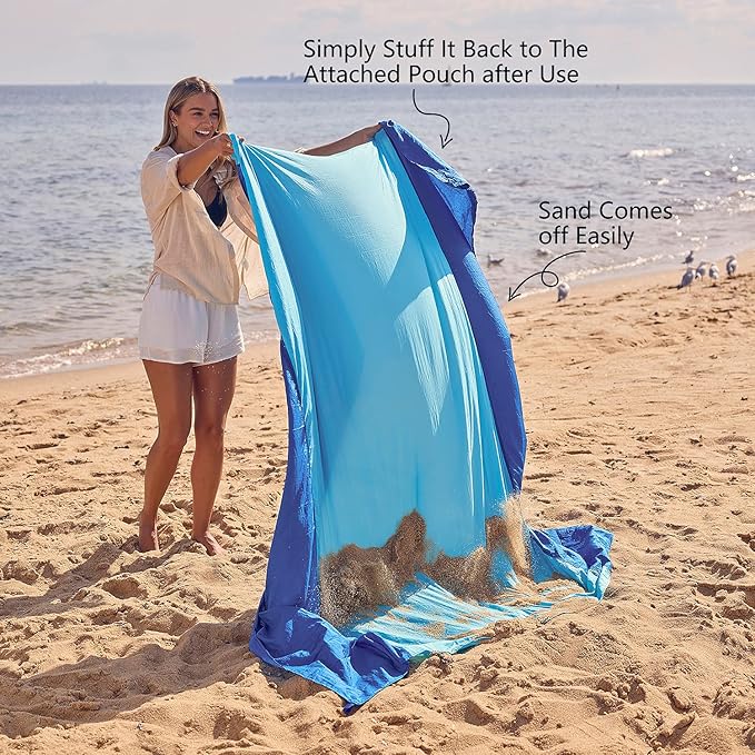 WEKAPO Beach Blanket Sandproof, Extra Large Beach Mat, Big & Compact Sand Free Mat Quick Drying, Lightweight & Durable with 6 Stakes & 4 Corner Pockets