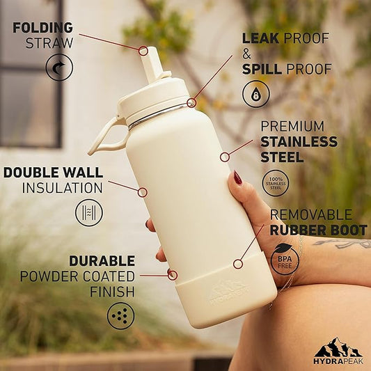 Hydrapeak 40oz Sport Insulated Water Bottle with Straw or Chug Lid, Leak & Spill Proof, Keeps Drinks Cold for 24 Hours, Hot for 12 Hours, Premium Stainless Steel Water Bottles (40oz, Belize)