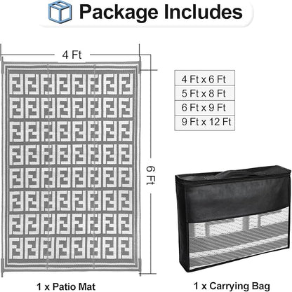 OutdoorLines Outdoor Plastic Area Rugs for Patio 4x6 ft - Reversible Outside Carpet, Stain & UV Resistant RV Mats, Straw Rug for Camping, Deck Garden, Porch and Balcony, Geometry Grey & Light Grey