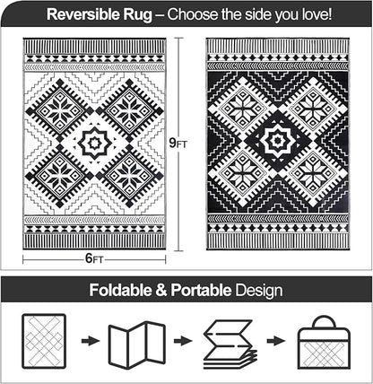 Waterproof Outdoor Rug 6x9ft, Boho Reversible Plastic Straw Mat for Patio RV Deck Porch Backyard Balcony Camping Picnic Beach Indoor Outdoor Carpet, Black&White