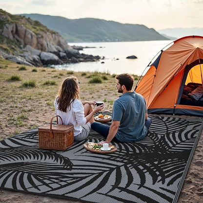 GENIMO Outdoor Rug 8' x 10' Waterproof for Patio Clearance, Reversible Lightweight Plastic Straw Camping Carpet, Large Area Rugs Mats for Rv, Porch, Backyard, Deck, Picnic, Balcony, Mix-Black & Gray